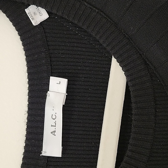 ALC Kellam Black Ribbed Cold Shoulder Ruffle Trim Stretch Knit Midi Dress Large - Picture 16 of 16